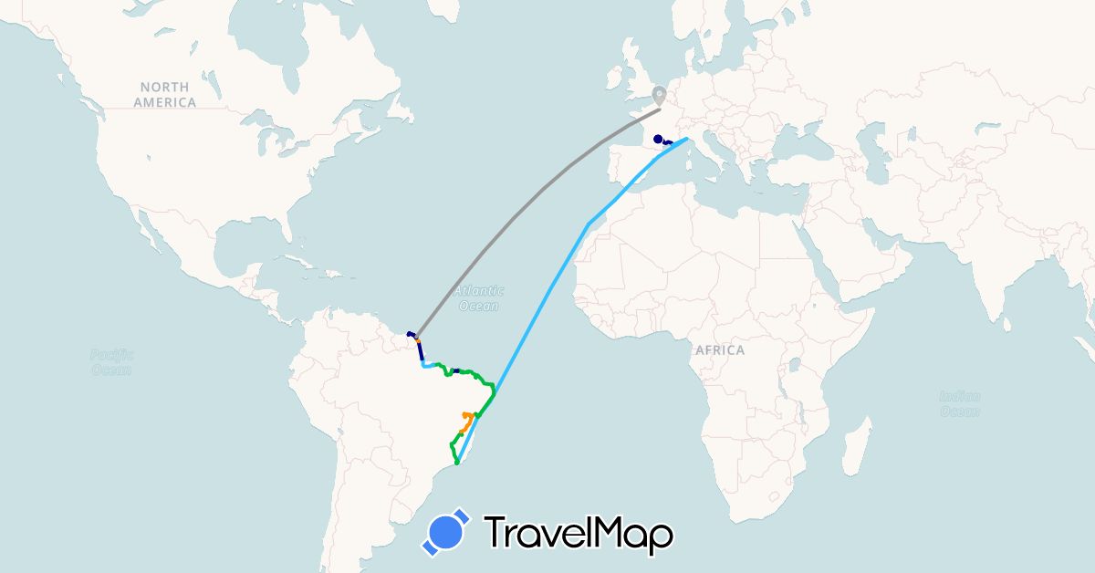 TravelMap itinerary: driving, bus, plane, boat, hitchhiking in Brazil, Spain, France, Italy, Morocco (Africa, Europe, South America)